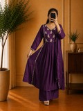 Royal Purple Antique Silver  Floral Embroidered Mul Chandheri Suit Set
