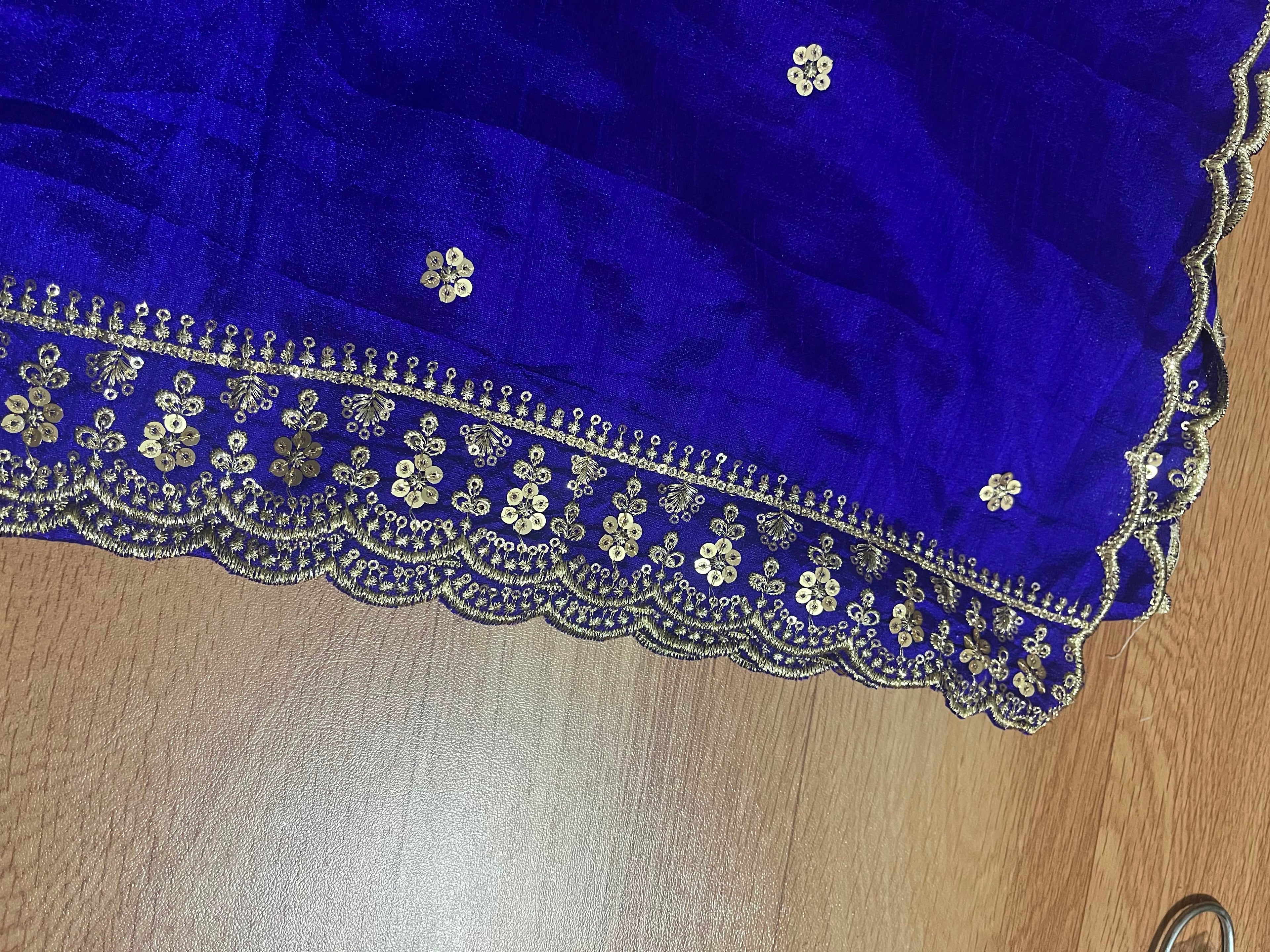 Gadwal Royal Blue & Nude Beige Half Saree with Stitched Blouse