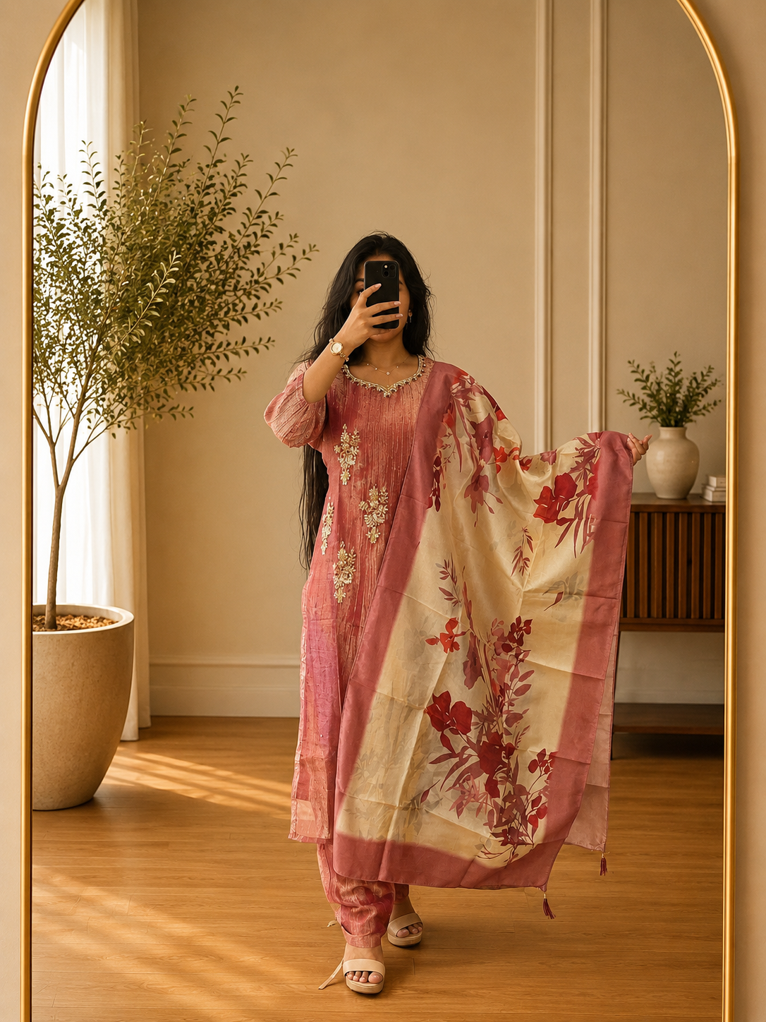Rose Pink Tissue Shimmer Silk Handworked Suit Set with Floral Printed Tassel Dupatta