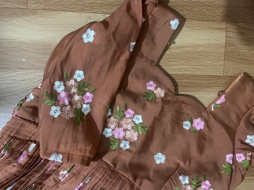 Boutique Stitched Sage Brown Floral Embroidered Iron Pleated Mul Chanderi Frock
