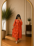 Rust Orange Cotton Floral Threadwork Suit Set with Tassel Dupatta