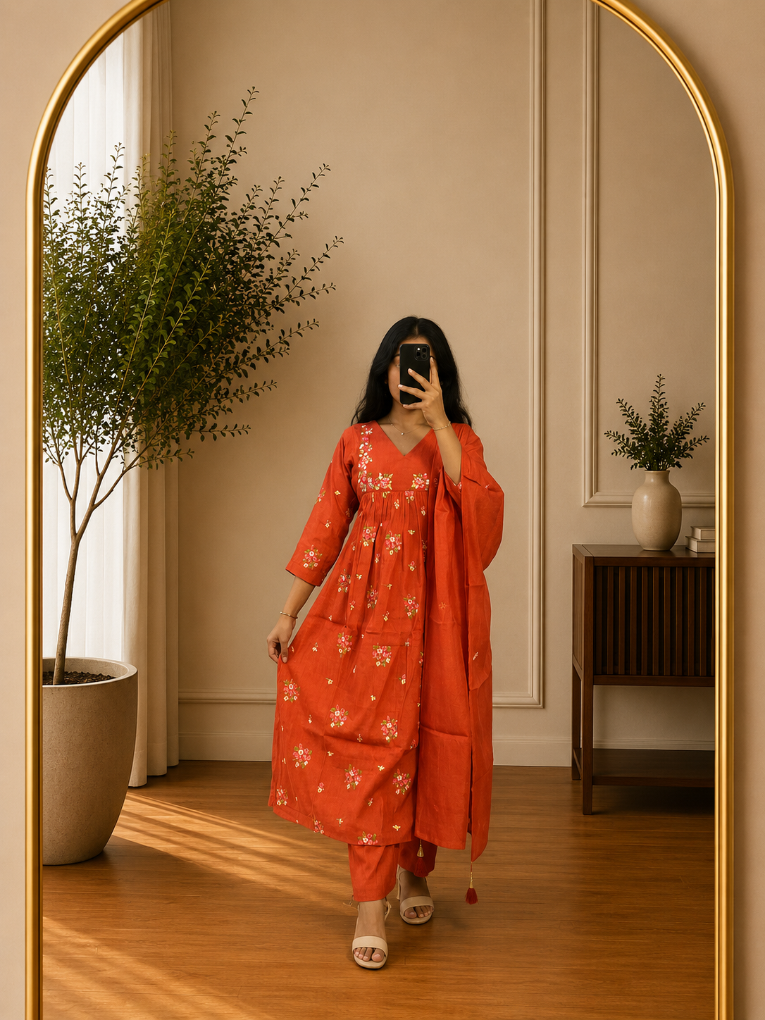Rust Orange Cotton Floral Threadwork Suit Set with Tassel Dupatta