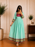 Mint Green Striped Cotton Anarkali Frock