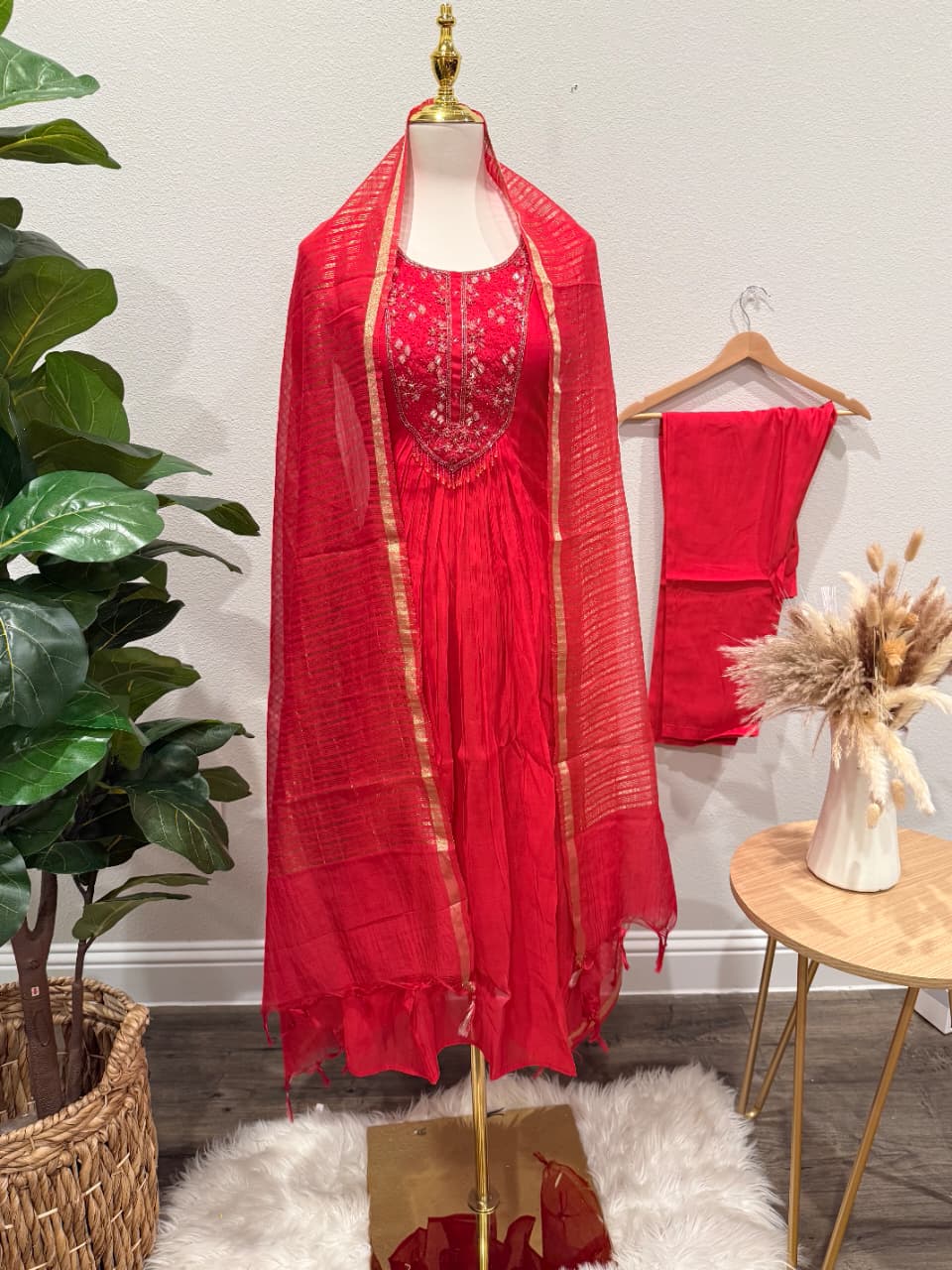 Ruby Red Embroidered Anarkali Suit Set with Golden Striped Dupatta ❤️✨