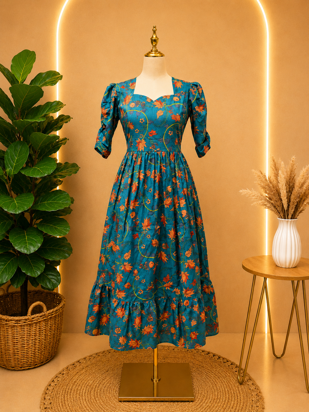 Turquoise Floral Cotton Boutique Dress