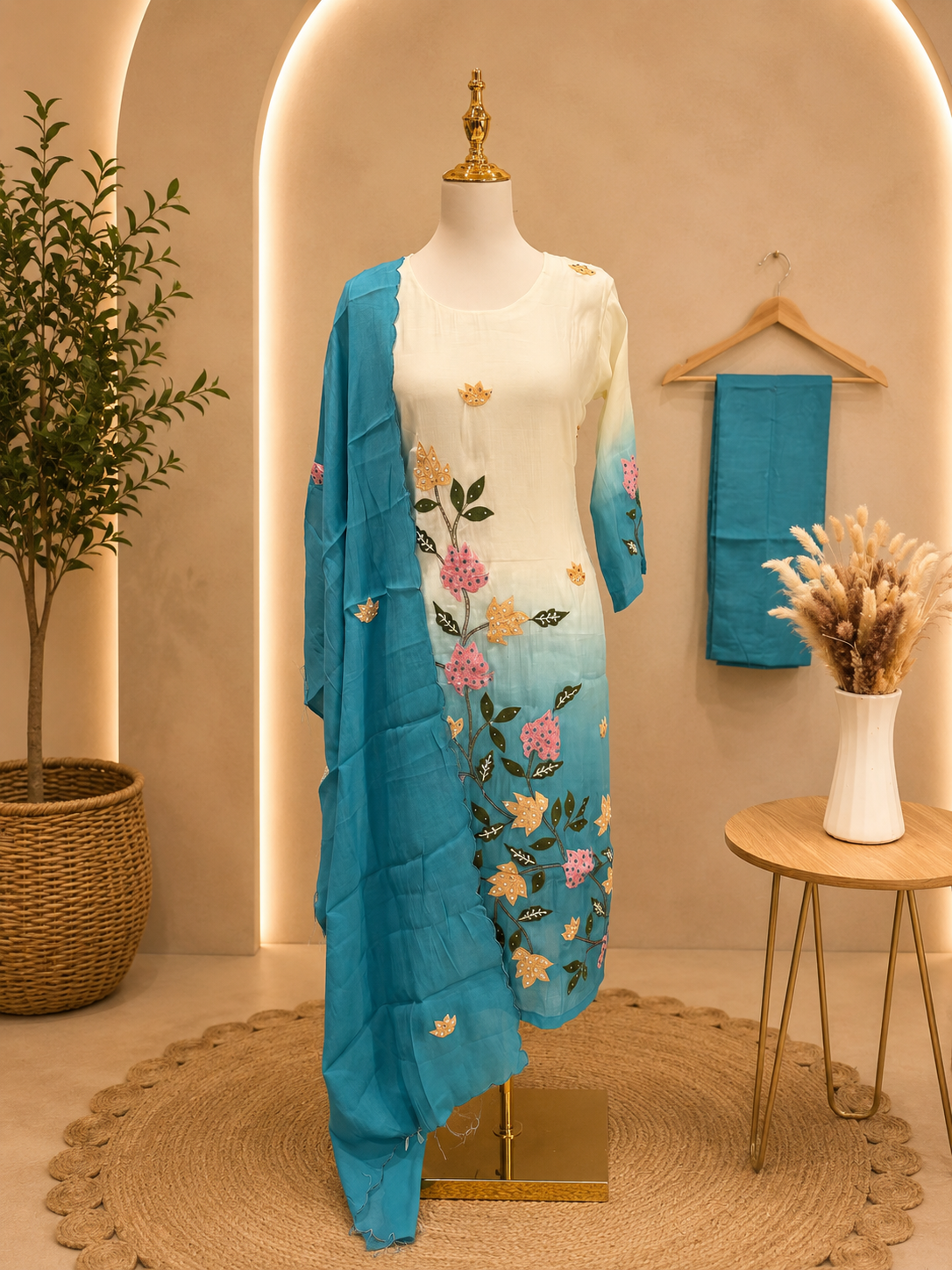 Ivory Aqua Floral Embroidered Suit Set with Dupatta 💙✨