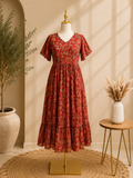 Vintage Rust Bloom Cotton Midi Dress with Floral Print 💐🧡