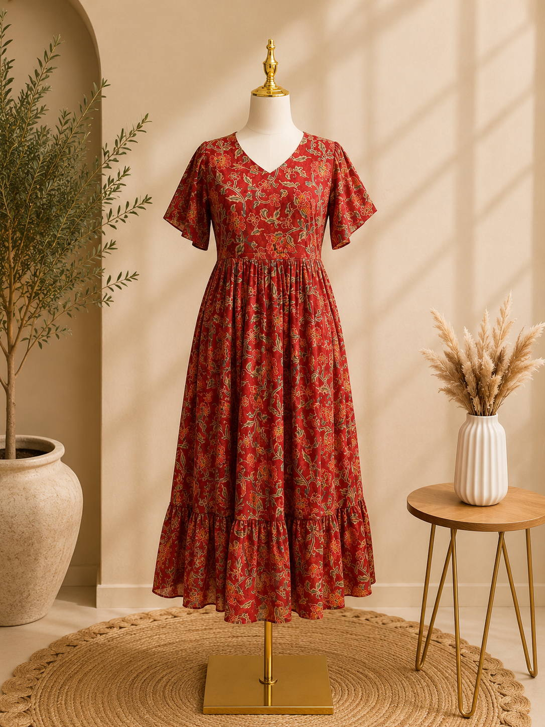 Vintage Rust Bloom Cotton Midi Dress with Floral Print 💐🧡