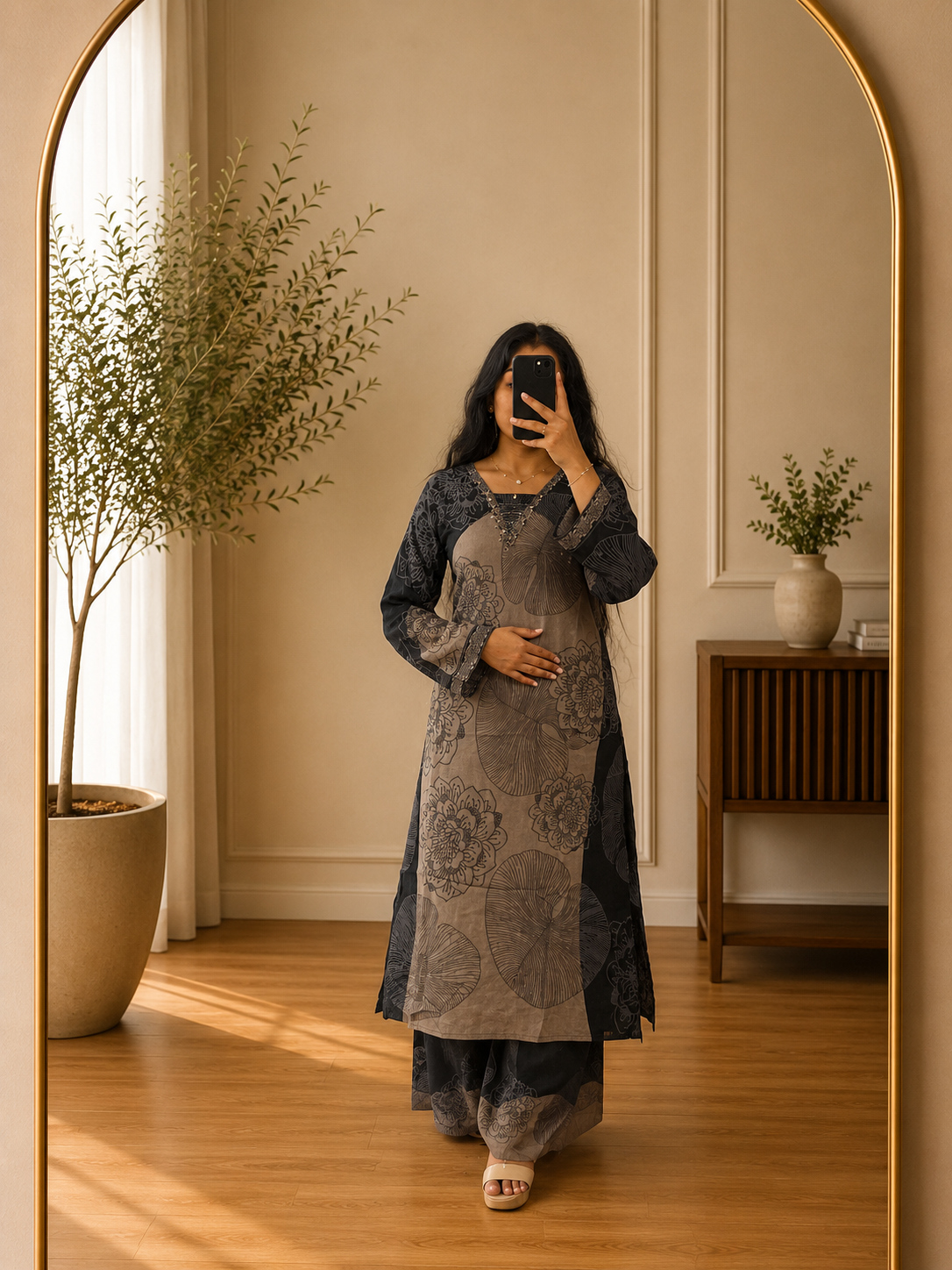 Charcoal Grey Heritage Print Palazzo Set with Artistic Floral Motifs