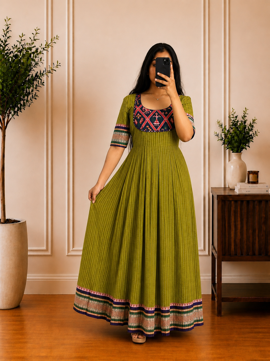 Olive Green Cotton Frock with Printed Yoke & Border Detail