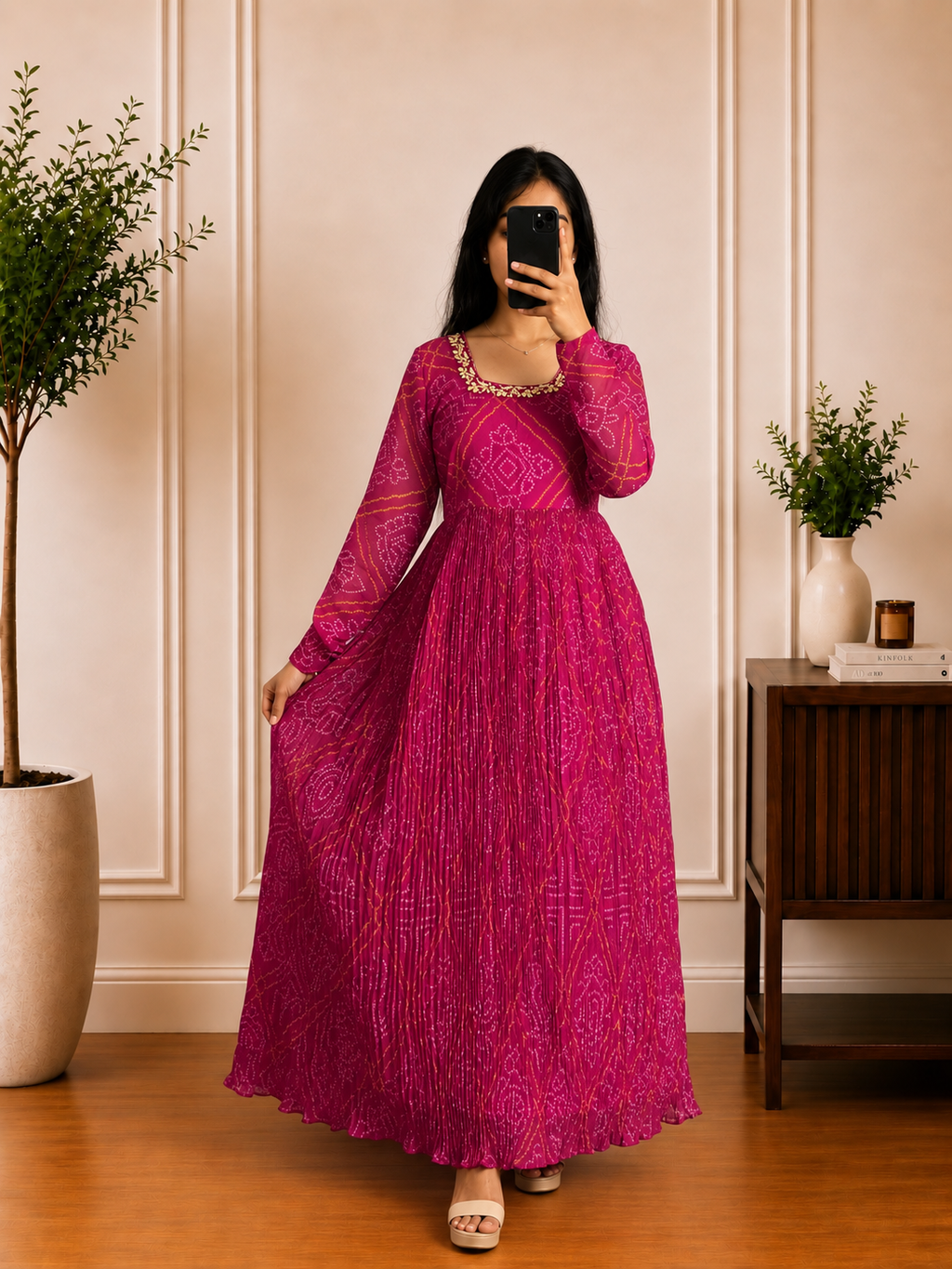 Magenta Bandhani Printed Georgette Anarkali Frock