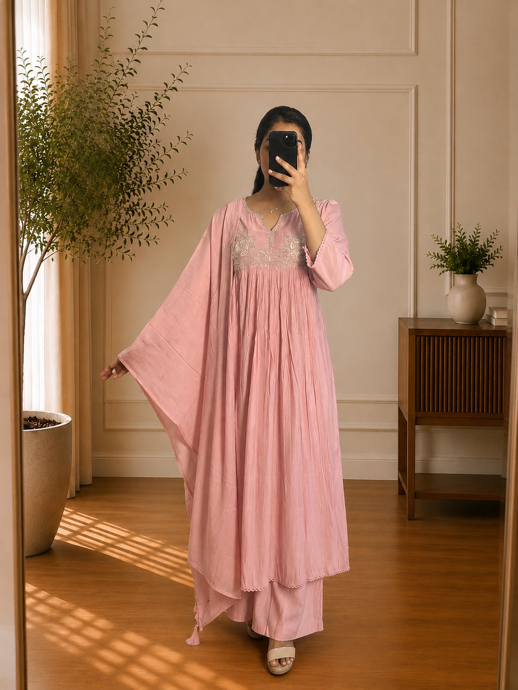 Blush Pink Pearl & Sequin Embroidered Mul Chandheri  Suit Set