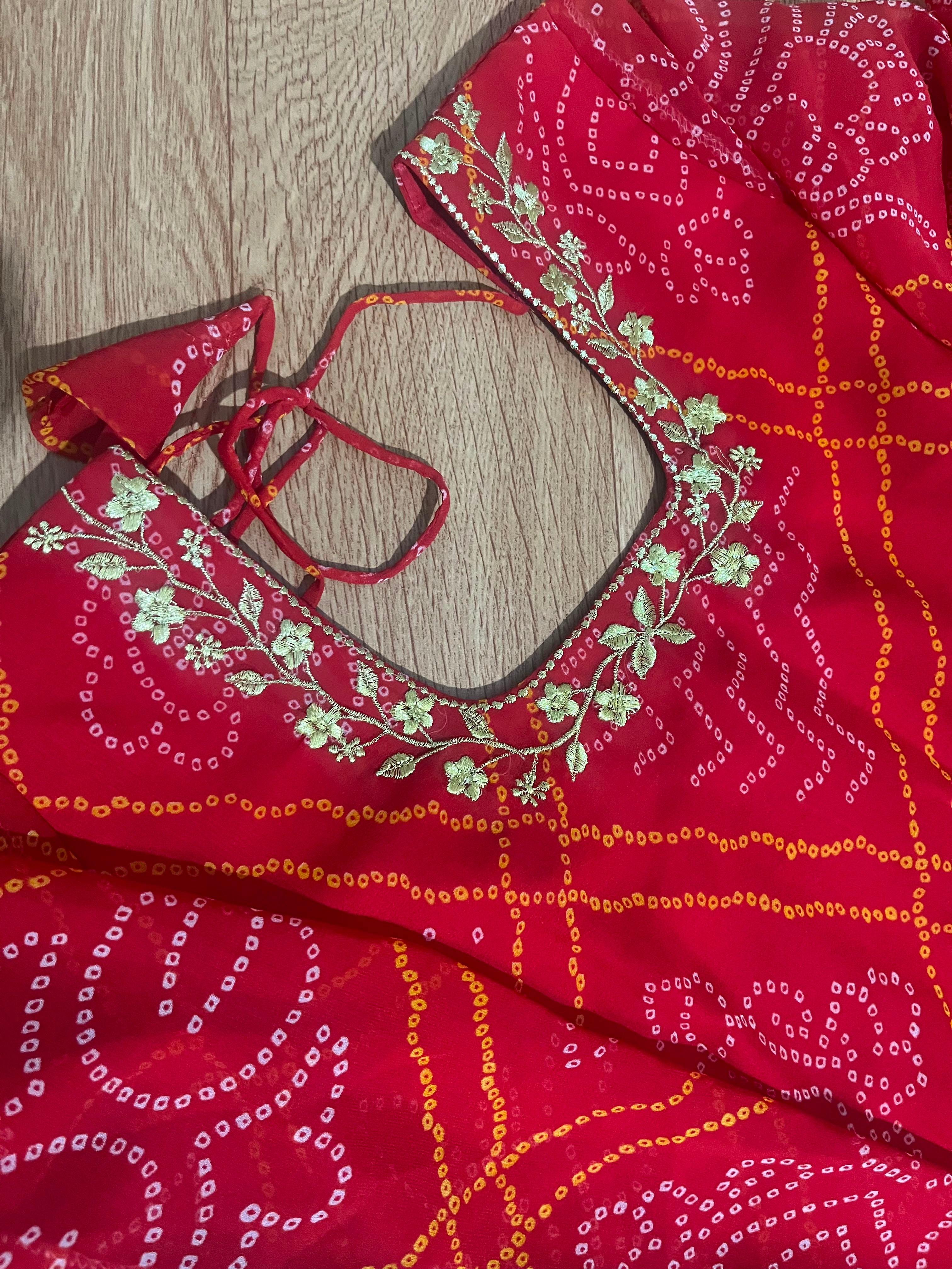 Red Bandhani Printed Georgette Frock with Embellished Neckline