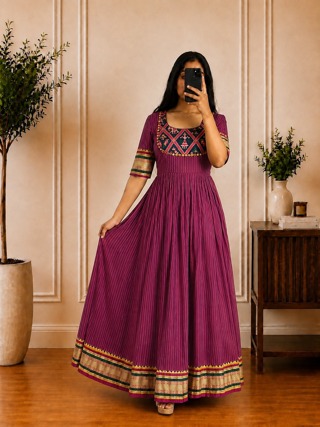 Pink Cotton Frock with Printed Yoke & Border Detail