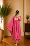 Pink Mul Chandheri Floral Thread Embroidered Anarkali Suit Set
