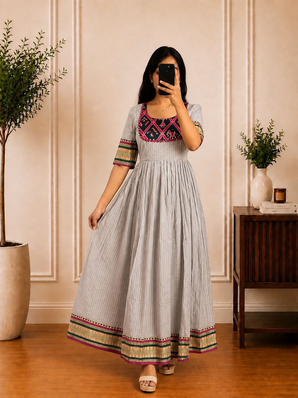 Grey Striped Cotton Anarkali Frock with Printed Border