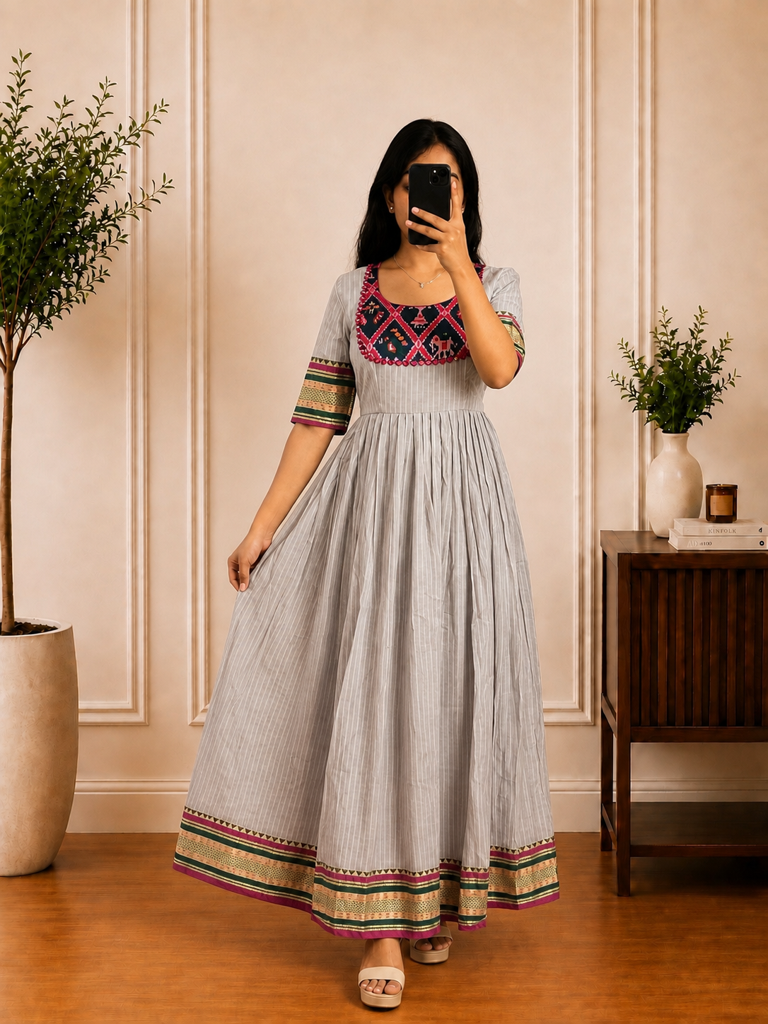 Grey Striped Cotton Anarkali Frock with Printed Border