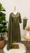 Elegant Olive Blossom Embroidered Anarkali Dress Set with Dupatta 🌿🌸