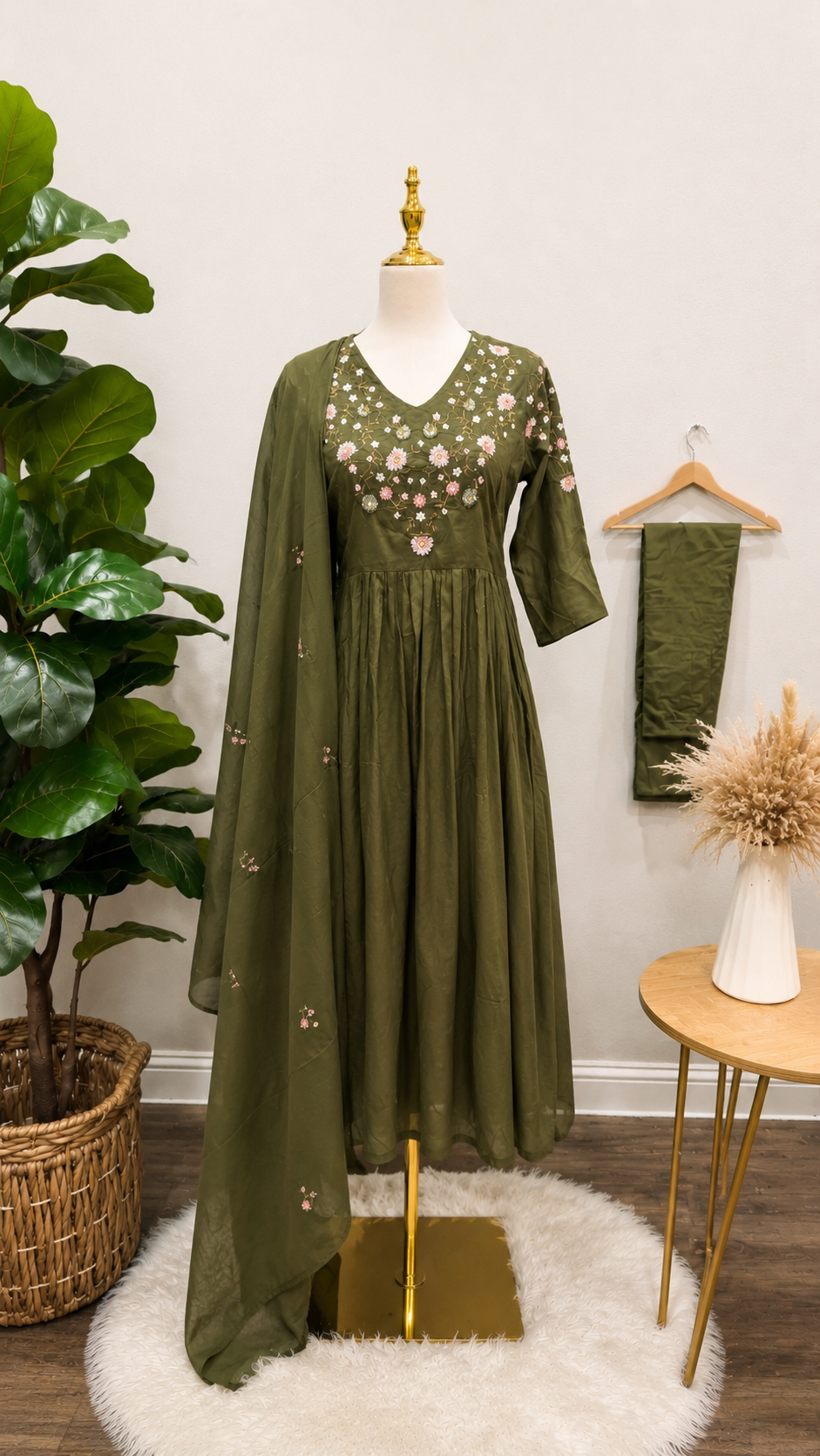 Elegant Olive Blossom Embroidered Anarkali Dress Set with Dupatta 🌿🌸