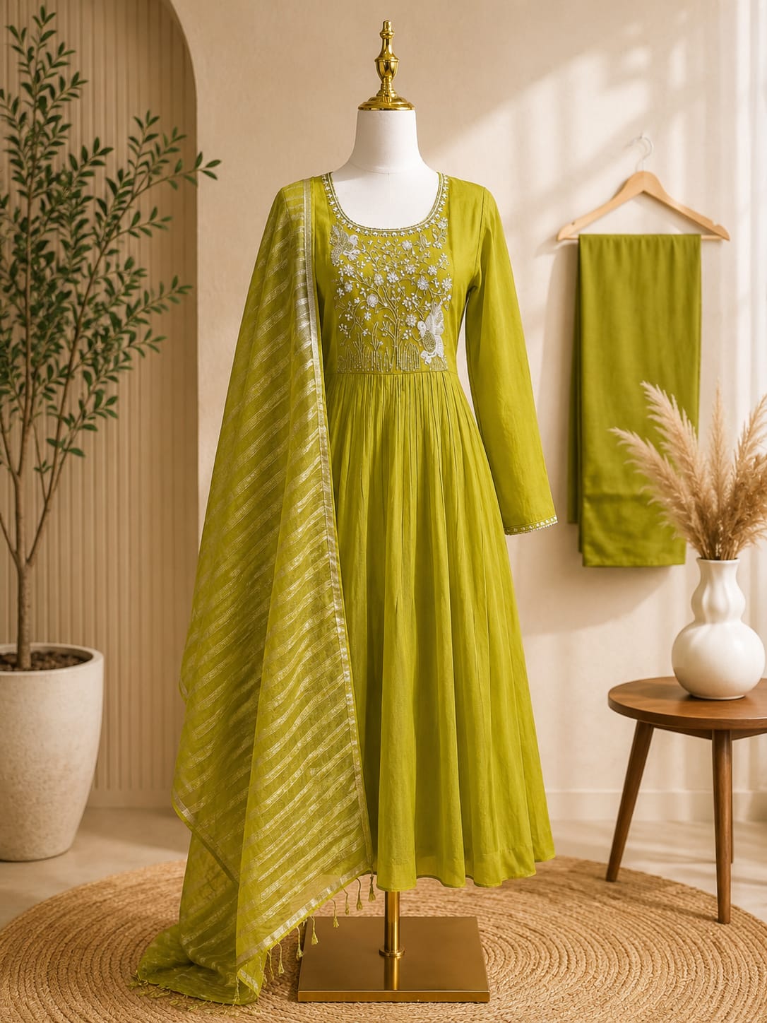 Olive Green Mul Chanderi Embroidered Anarkali Suit Set with Shimmer Dupatta ✨