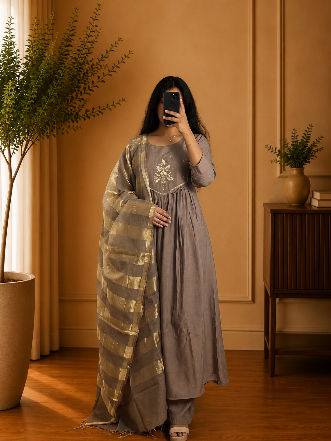 Mushroom Brown Mul Chanderi Floral Thread Embroidered Anarkali Suit Set with Zari Dupatta