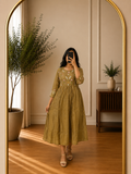 Olive Green Silk Kota Floral Threadwork Frock