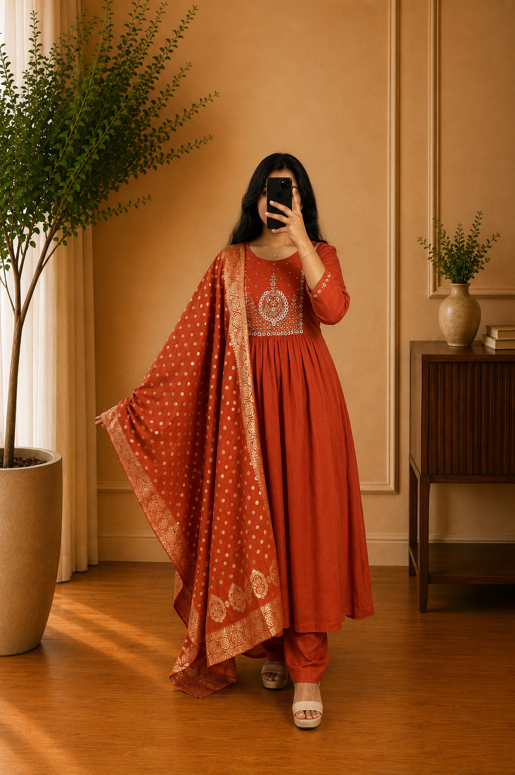 Rust Orange Mul Chanderi Floral Thread Embroidered Anarkali Suit Set
