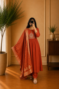 Rust Orange Mul Chanderi Floral Thread Embroidered Anarkali Suit Set