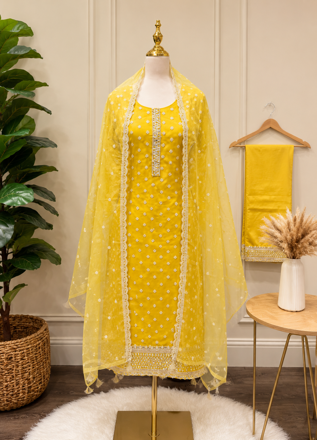 Sunshine Yellow Embellished Straight-Cut Suit Set with Organza Dupatta ✨🌼