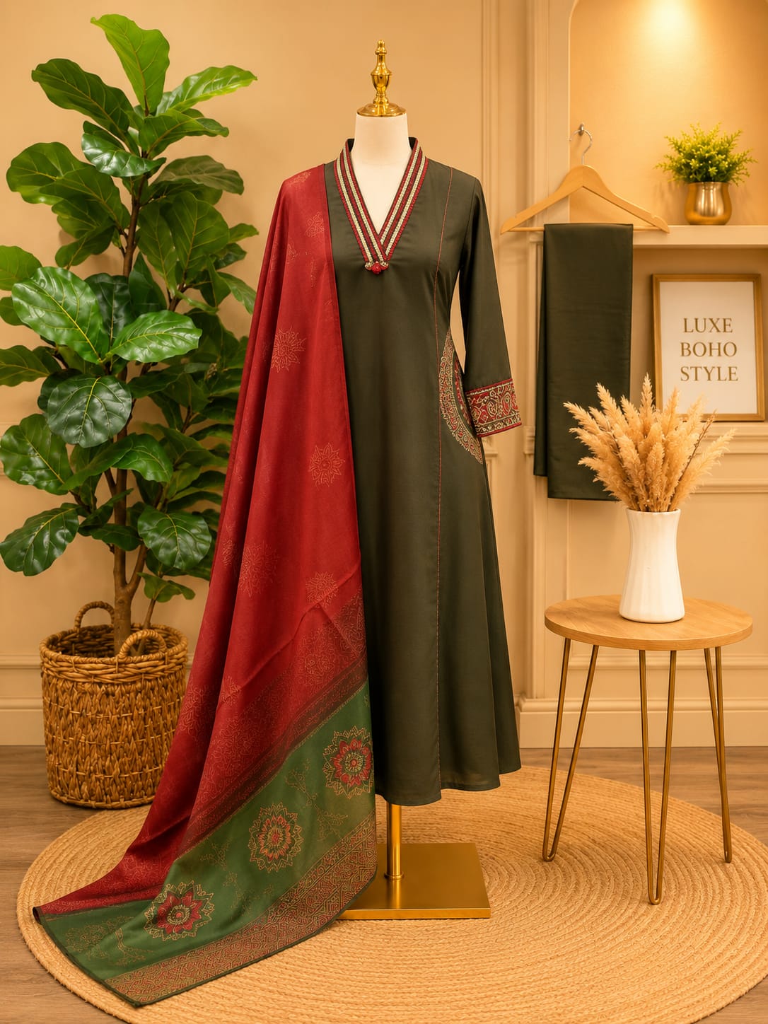 Olive Green Dabu Cotton Anarkali Suit Set with Printed Dupatta