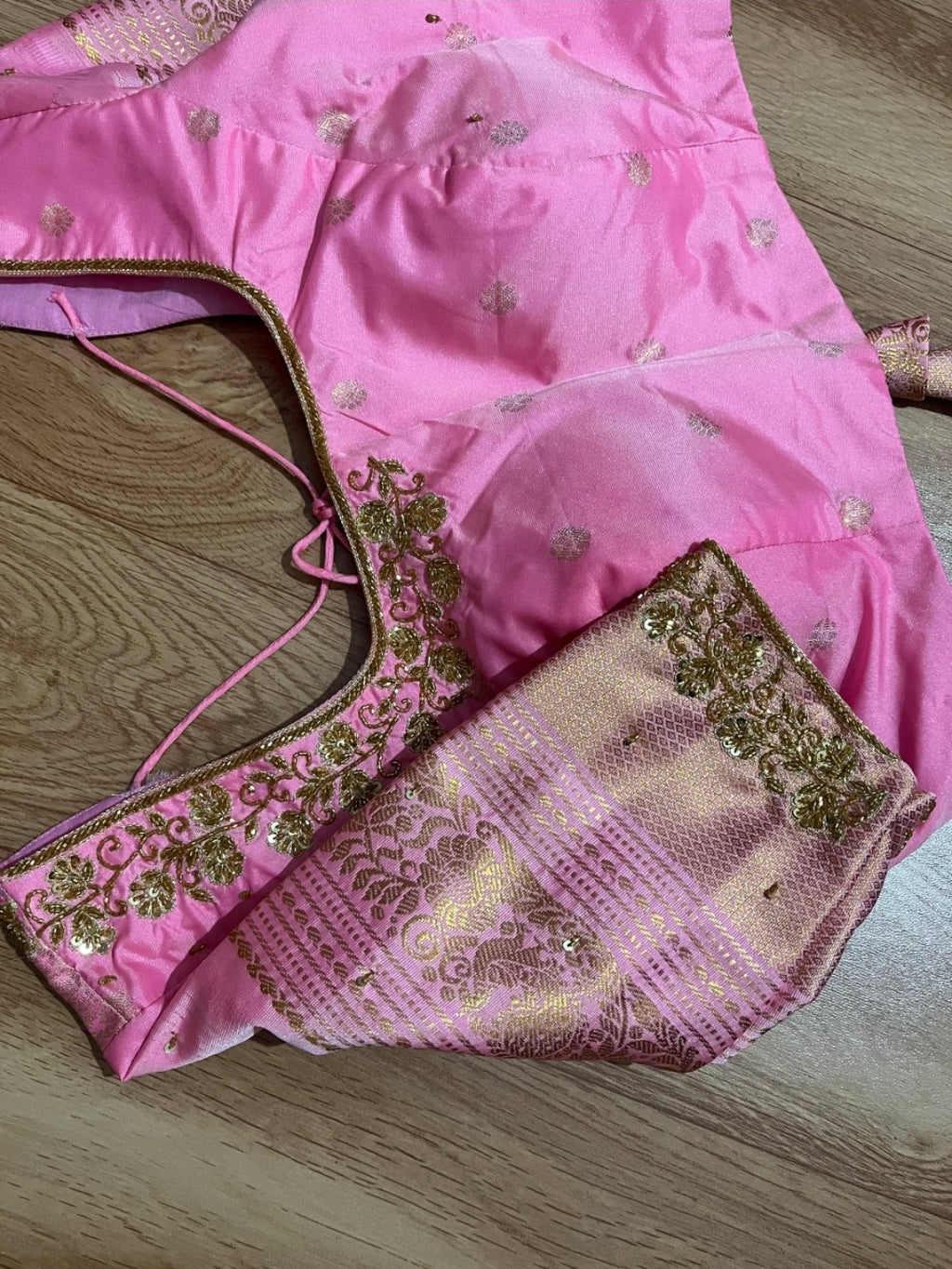 Gadwal Pink & Green Half Saree with Maggam Work Stitched Blouse