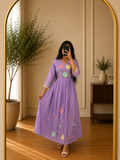 Lavender Mul Cotton Floral Threadwork Frock