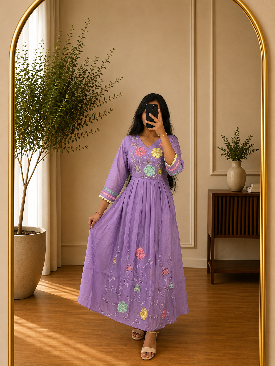 Lavender Mul Cotton Floral Threadwork Frock