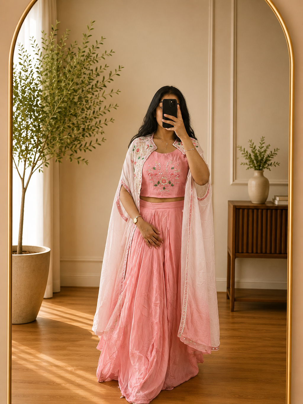 Blush Pink Chinnon Lehenga Set with Floral Embroidered Chiffon Handwork Coat