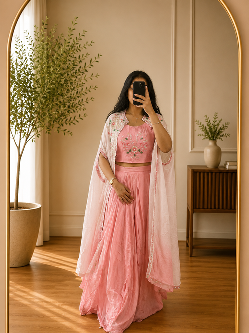Blush Pink Chinnon Lehenga Set with Floral Embroidered Chiffon Handwork Coat