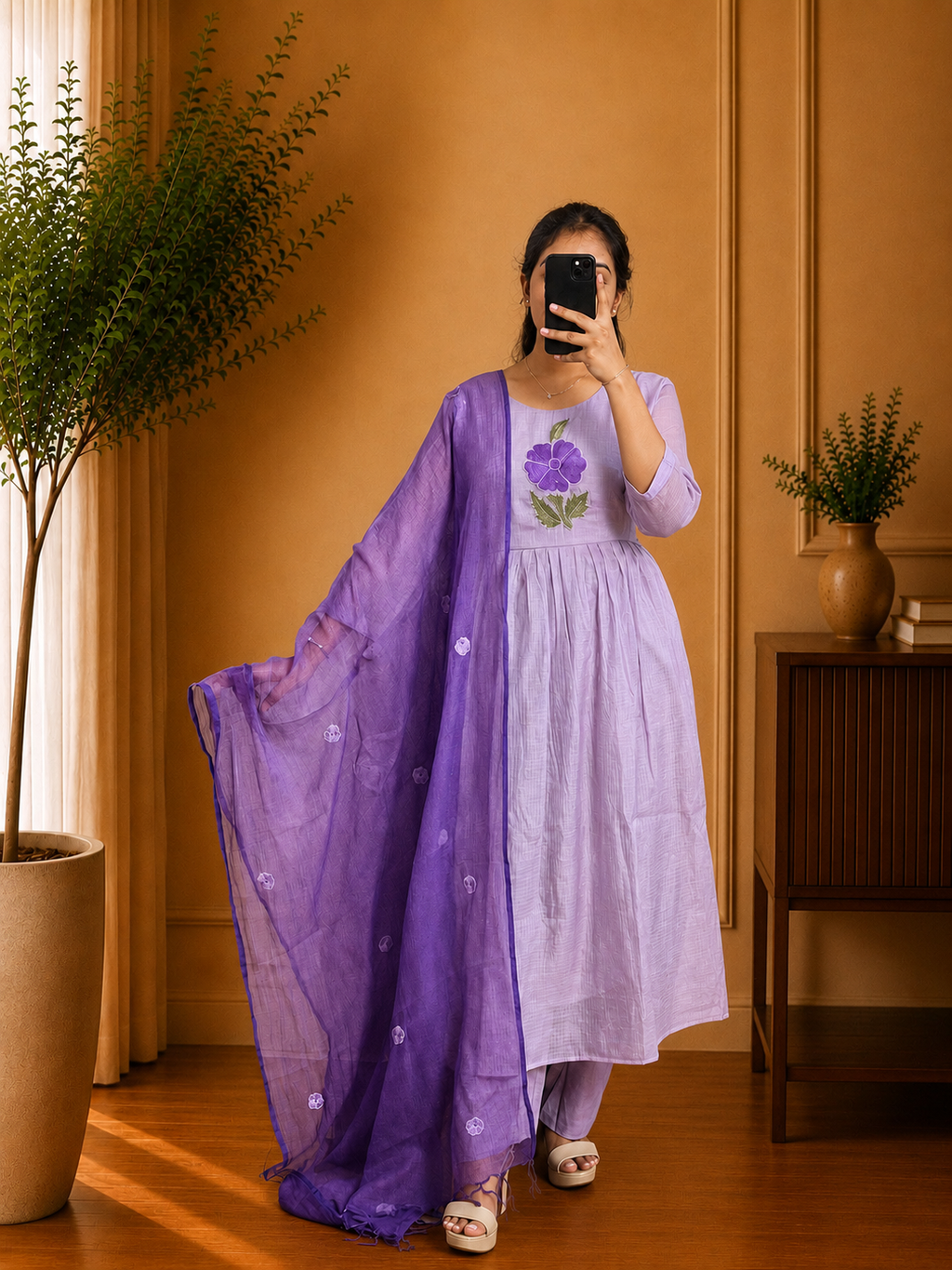 Lavender Floral Embroidered Kota Doriu Suit Set