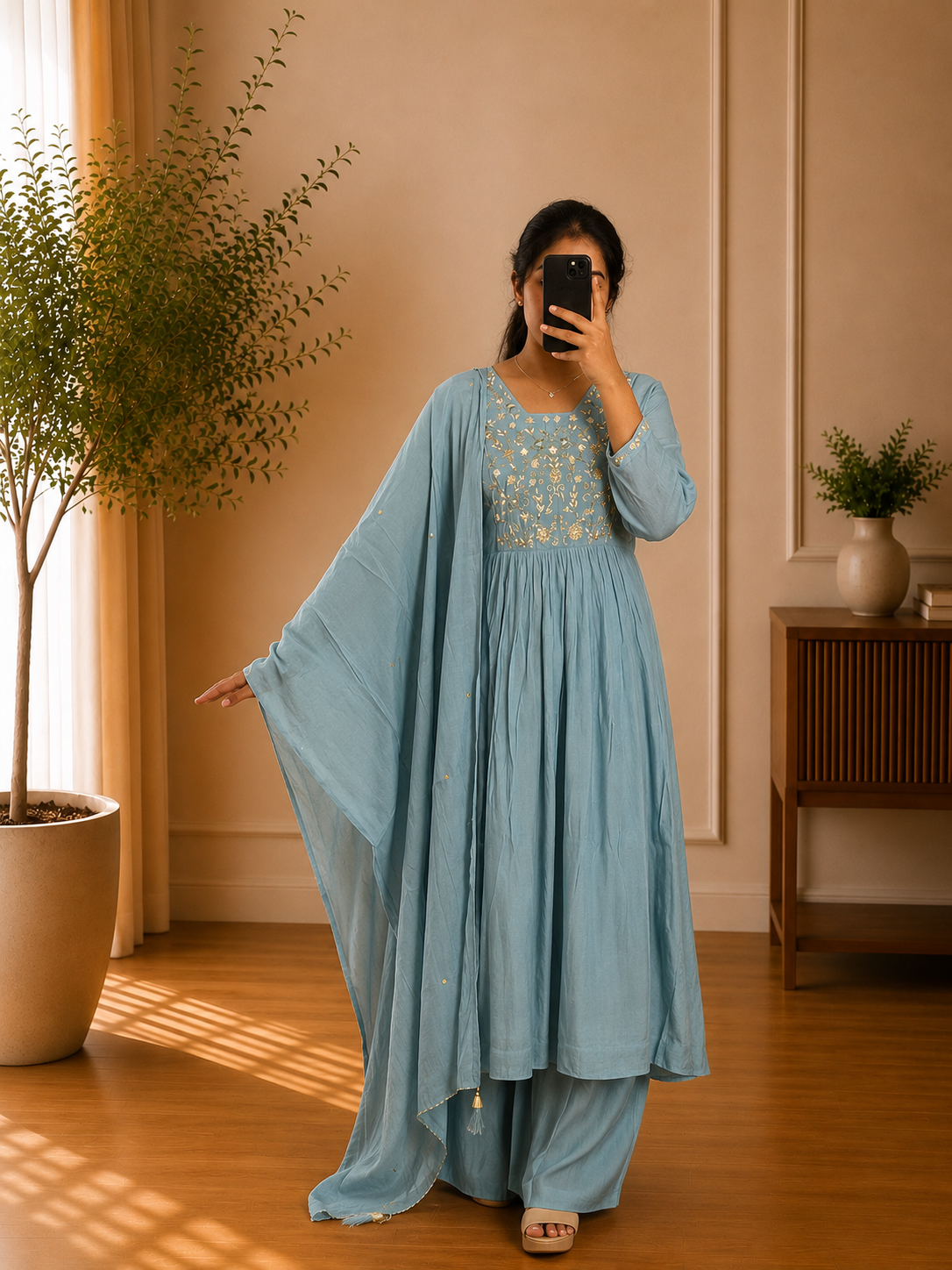 Sky Blue Antique Gold Floral Embroidered Mul Chandheri  Suit Set