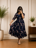 Boutique stitched Navy Blue Floral Printed Georgette frocks