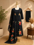 Midnight Black Floral Embroidered Cotton Suit Set with Dupatta 🌺🖤
