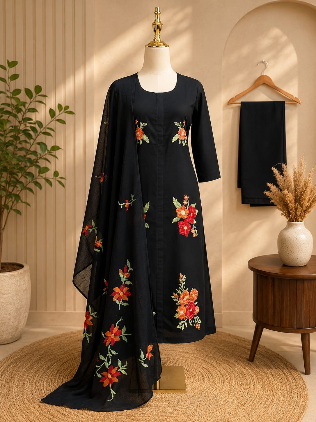 Midnight Black Floral Embroidered Cotton Suit Set with Dupatta 🌺🖤