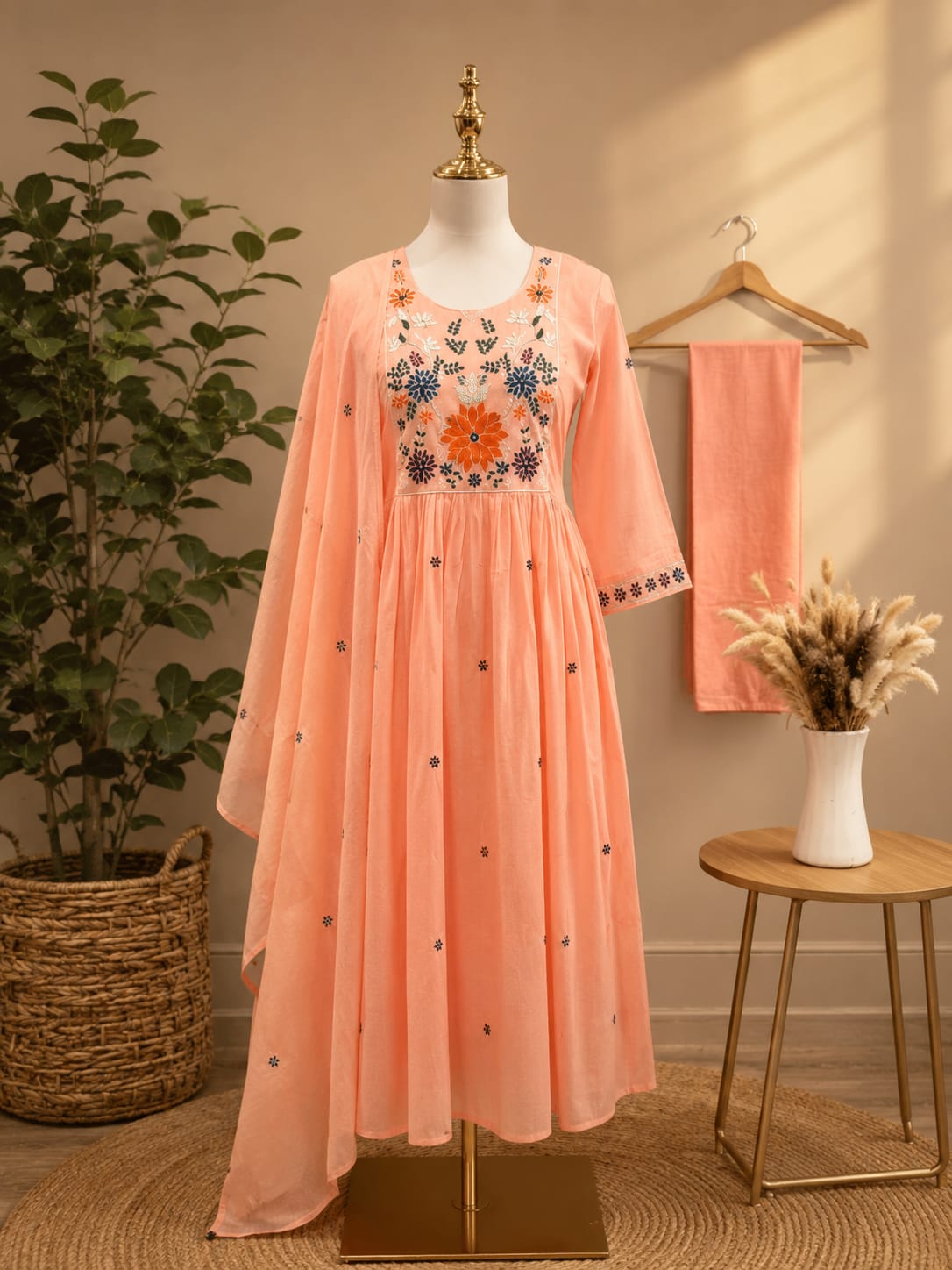 Peach Blossom Embroidered Mul Cotton Anarkali Set with Dupatta 🌸