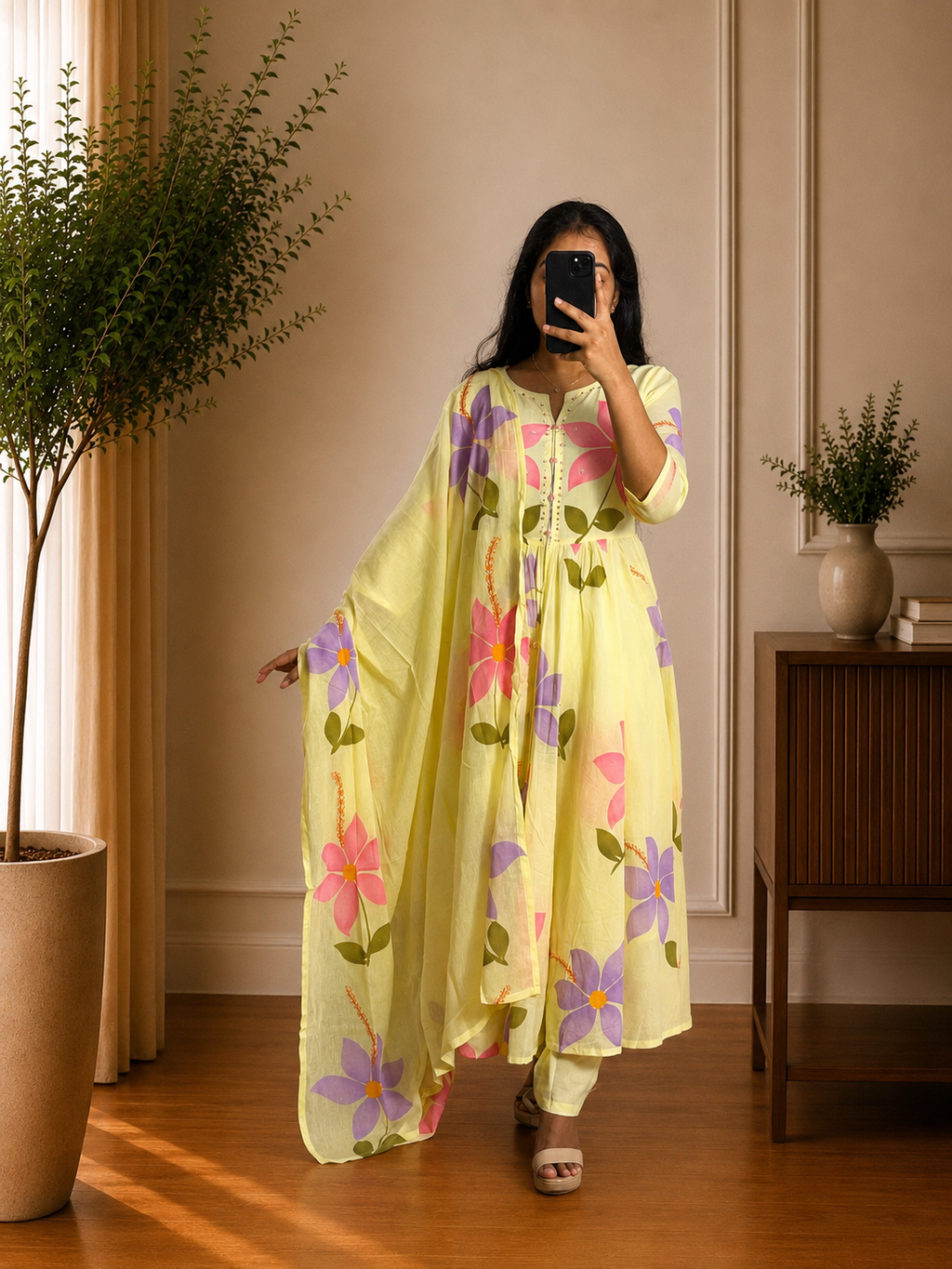 Light Yellow Cotton Floral Appliqué Anarkali Kurta Set