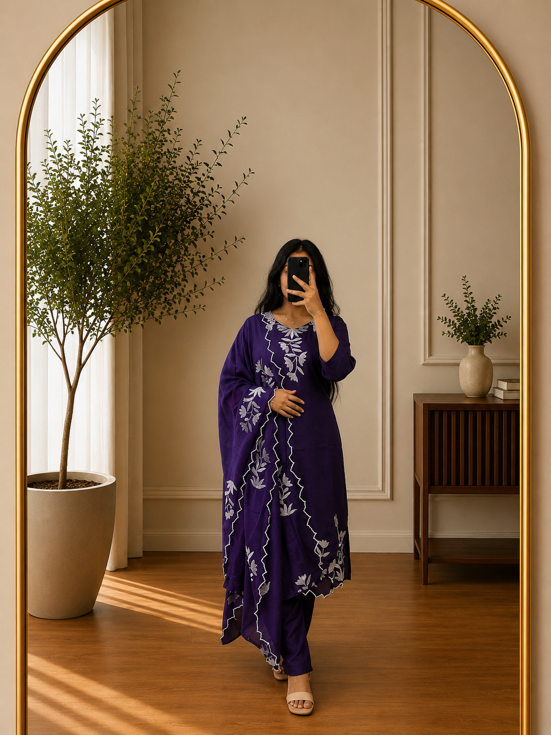 Royal Purple Mul Chandheri Sequence Threadwork Suit Set with Dupatta