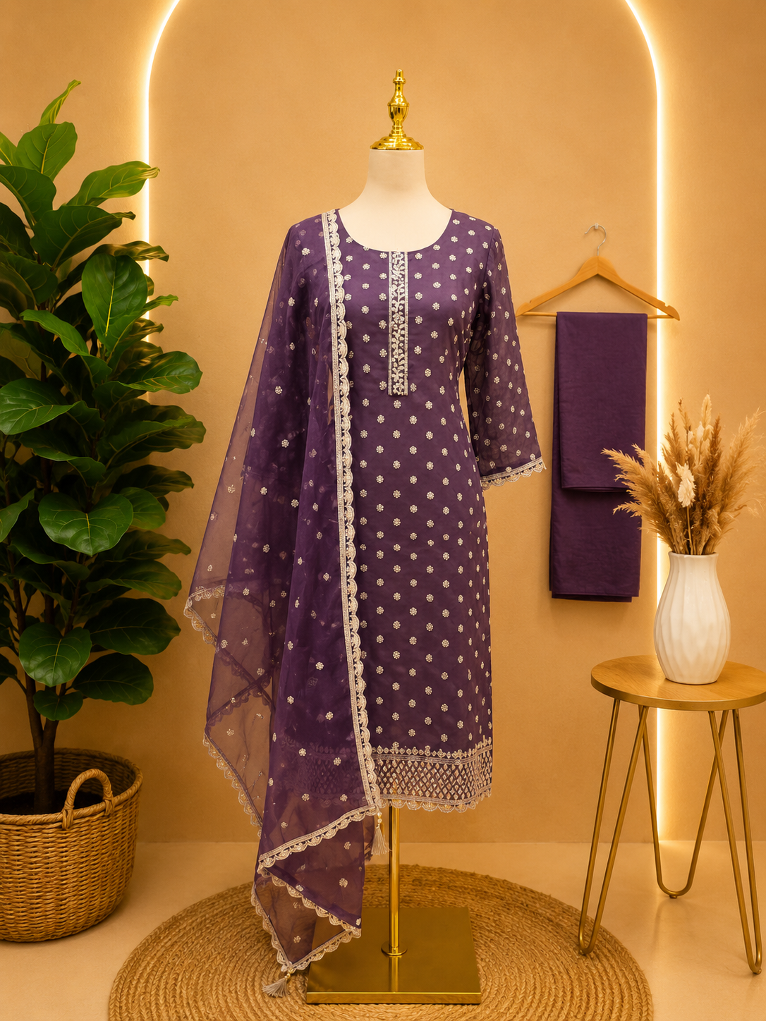 Royal Purple Embroidered Organza Suit Set with Dupatta 💜✨