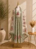 Dusty Sage Floral Embroidered Kurta Set with Printed Dupatta