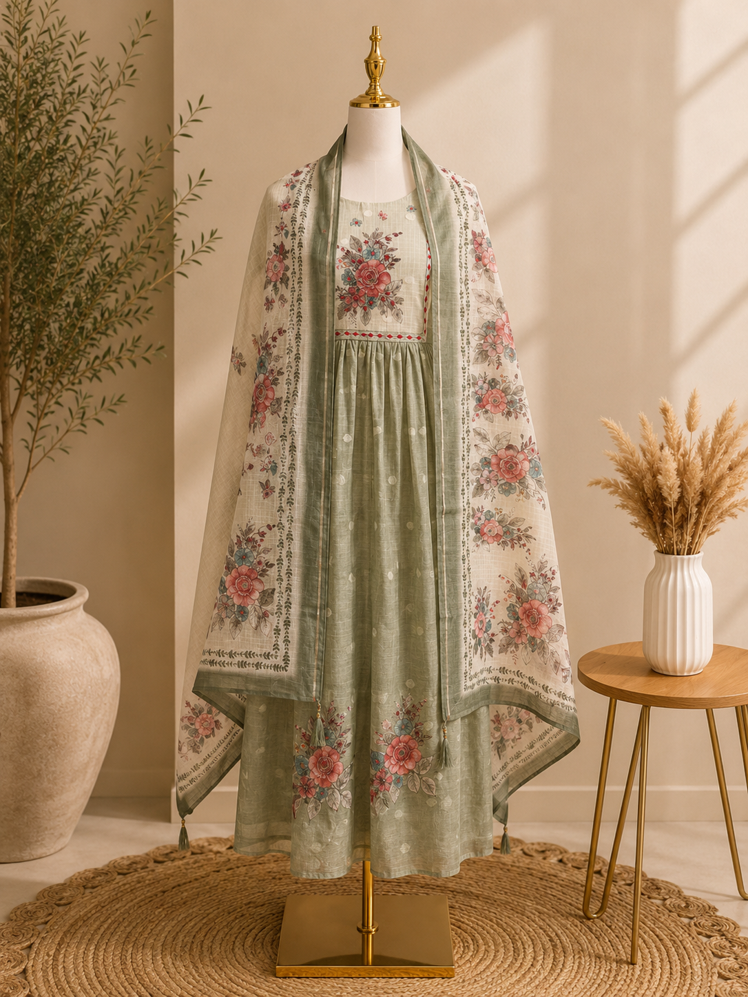 Dusty Sage Floral Embroidered Kurta Set with Printed Dupatta