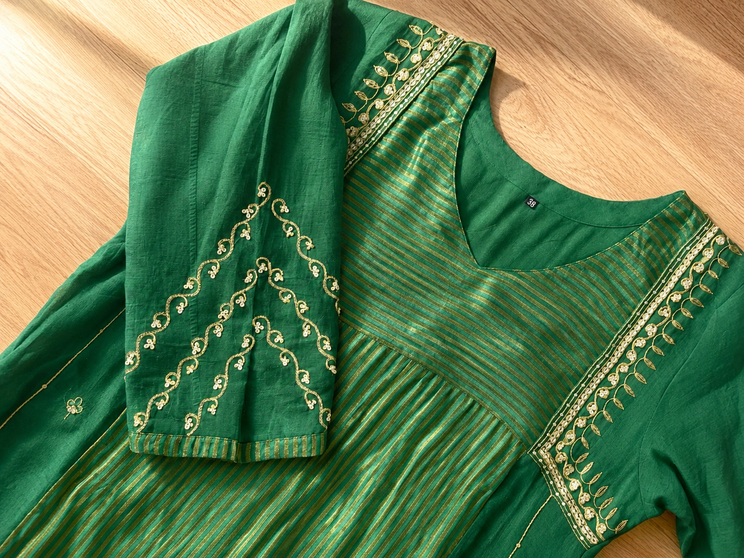 Emerald Green Chandheri Zari Stripe  Embroidered A-Line Suit Set