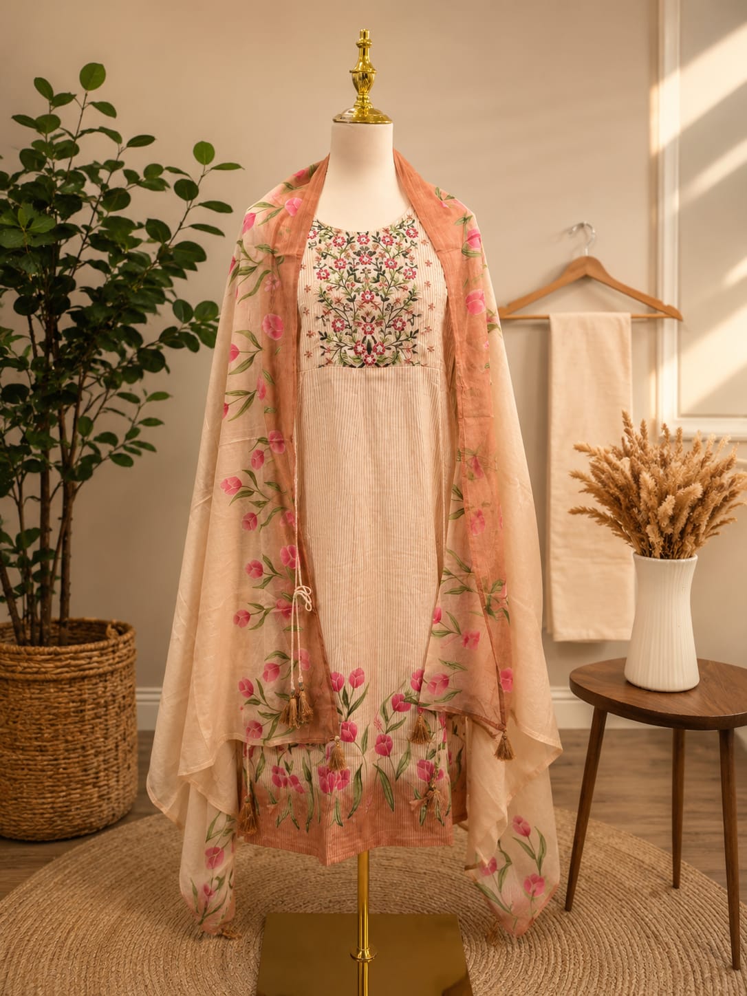 Blush Beige Cotton Embroidered Kurta Set with Floral Dupatta