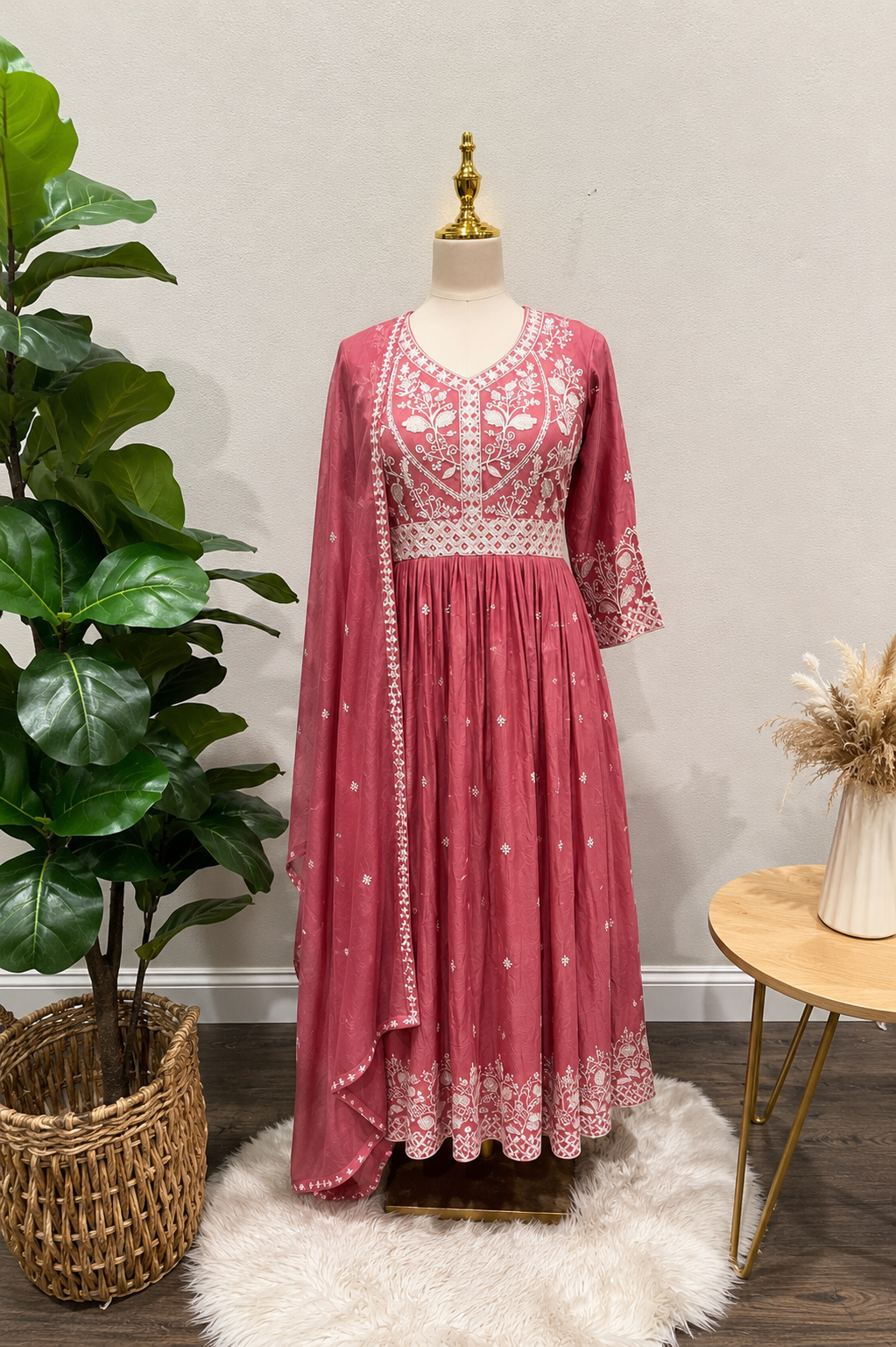 🌸 Elegant Rosewood Pink Embroidered Anarkali with Dupatta