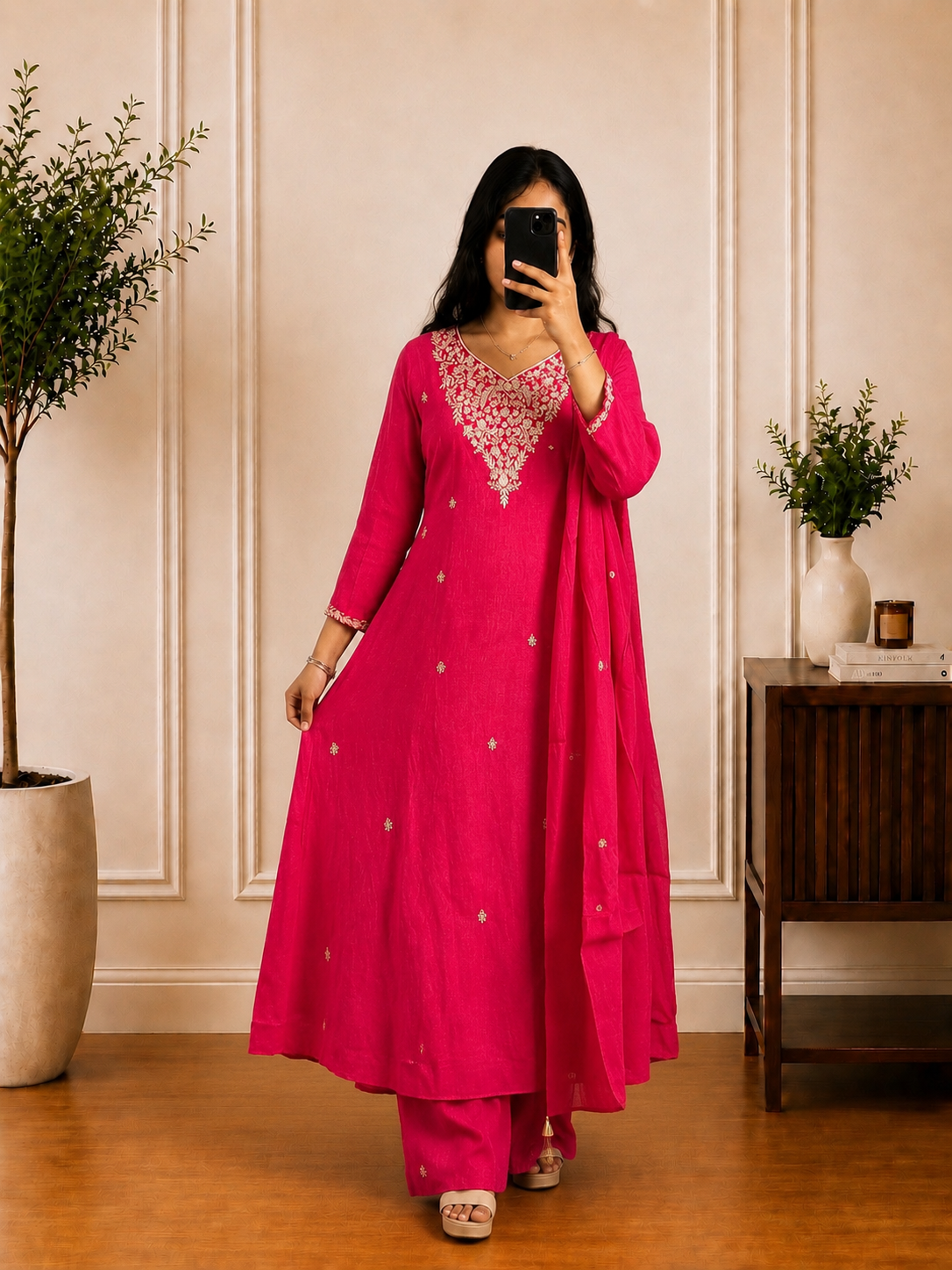 Rani Pink Floral Thread Embroidered HO Silk Suit Set
